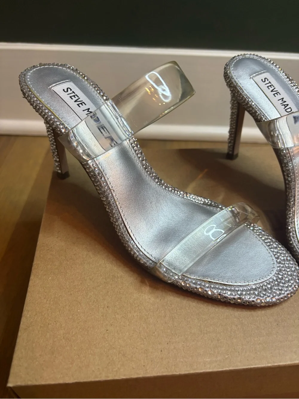 Steve Madden Clear Strap Slide Sandals with Crystal Trim - Silver
